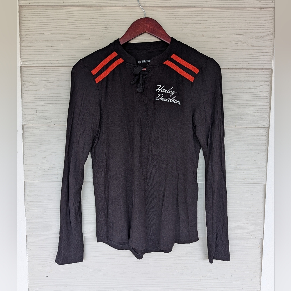 New Women's Harley Davidson Embroidered Henley Shirt Top Small Black Motorcore